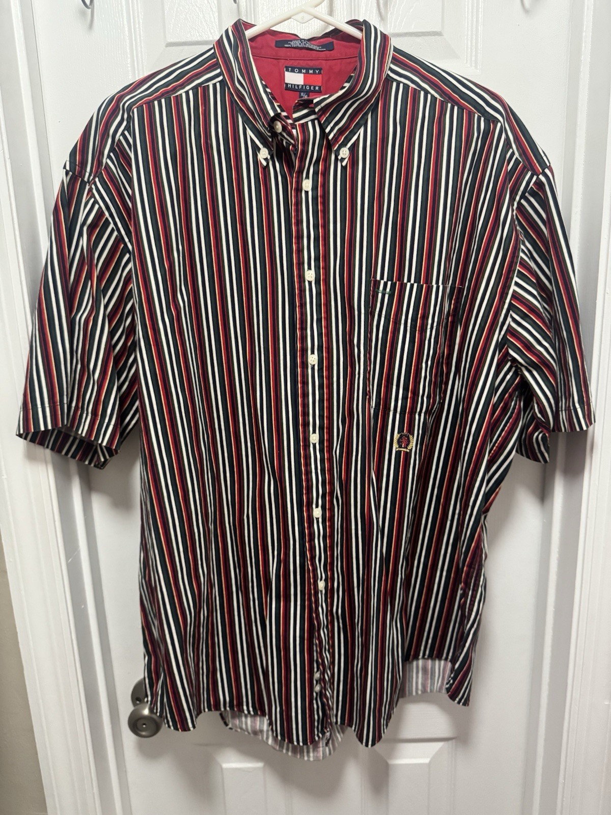 VT Tommy Hilfiger XL Striped Button Down Crest Logo Green/Red/Navy Short Sleeve