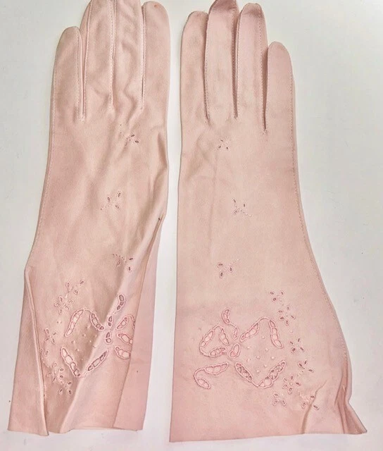5 prs Vintage Kid Leather Gloves Long 6 1/2 - 7 Pink Ivory Beige 1940's Stamped - Image 2 of 4