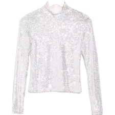 Elodie Womens XS All Over Sequin Long Sleeve Crop Top Silver Mock Neck Lined NWT
