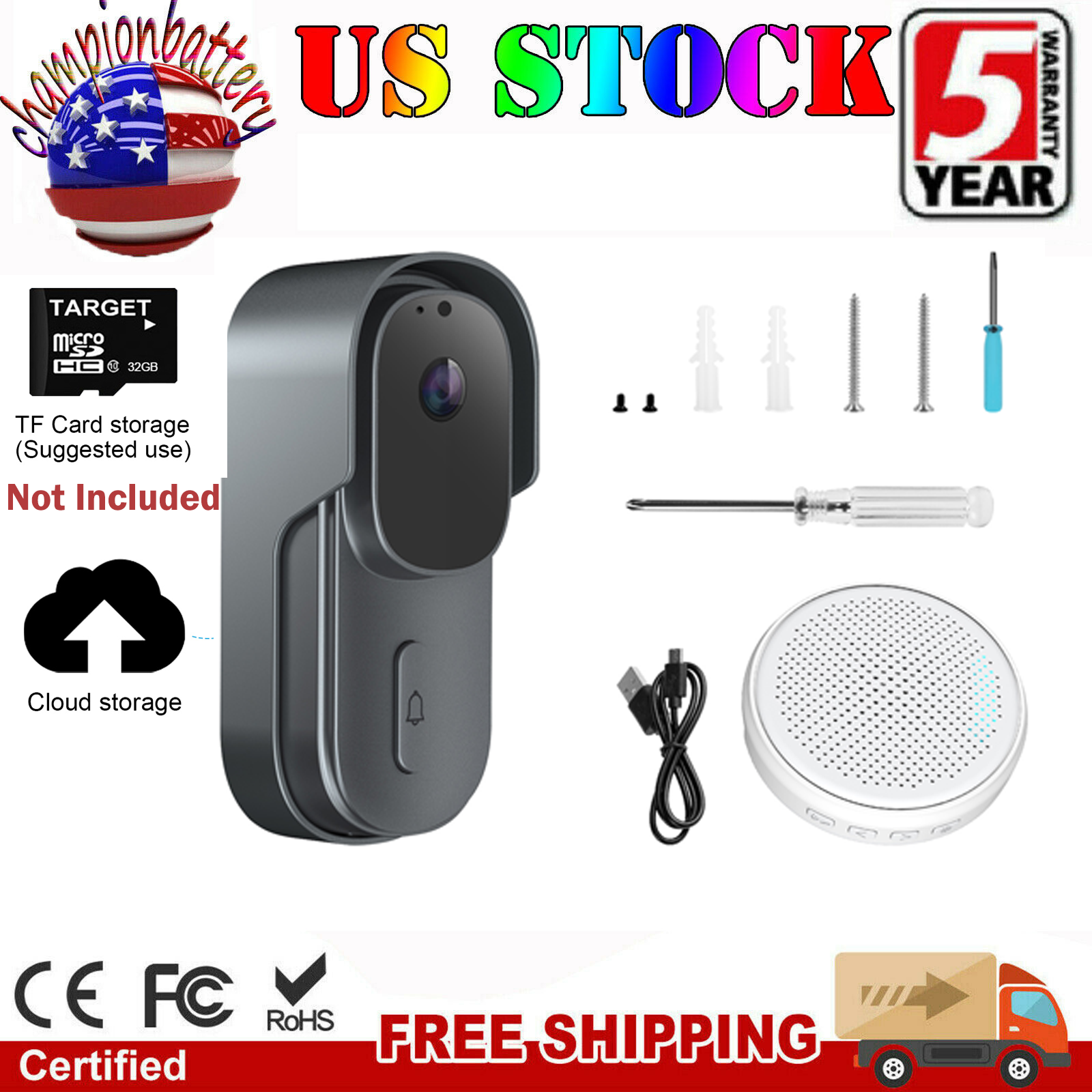 WiFi Ring Doorbell 1080P HD Security Camera Wireless Door Bell Camera With Chime-image
