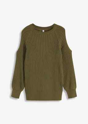 Strickpullover mit Cold-Shoulder Gr. 40/42 Oliv Damen Langarm-Pulli Sweater Neu*