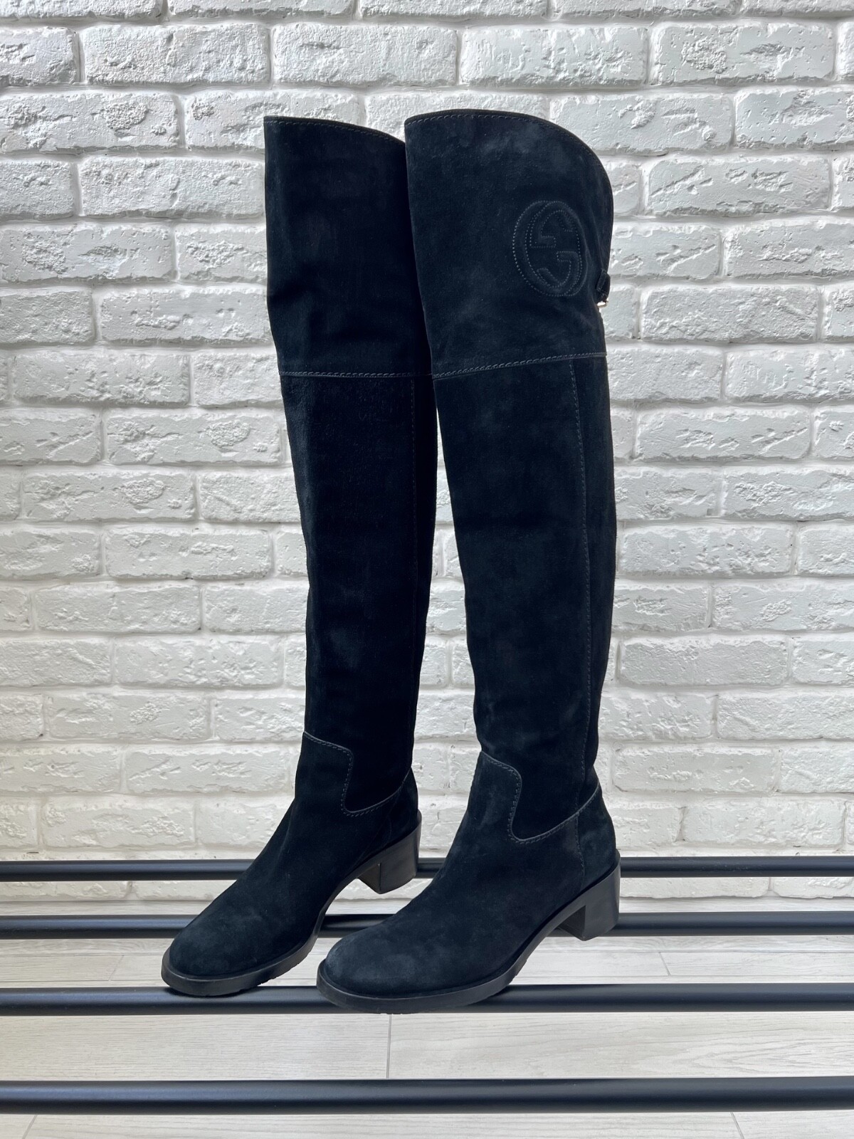 Gucci Soho GG Leather Suede Black Over Knee Boots Women's Size 37 1/2 Italy