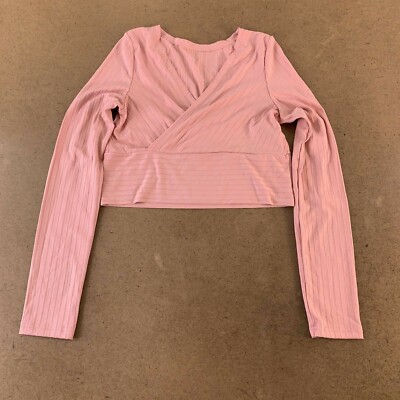 Shein Womens Crop Top Pink Long Sleeve V Neck Ribbed M