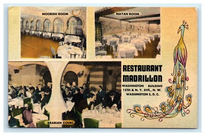 POSTCARD Restaurant Madrillon Washington Building DC Arabian Court Peacock