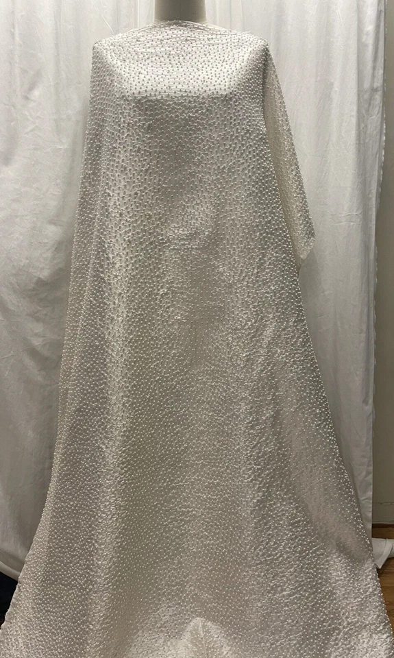 100% Silk Hand-Beaded Pearls Densely Scattered on White Fabric by the Yard 44" - Image 3 of 4
