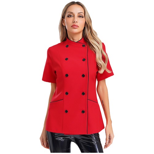 Women Jacket Kitchen Coat Cafe Tops Collar Short Sleeve Canteen Chef Cooking - Picture 10 of 77