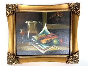 VTG Signed Frank Lehn Violin Music Sheet Still Life Oil Paint Gold Frame 11.75"