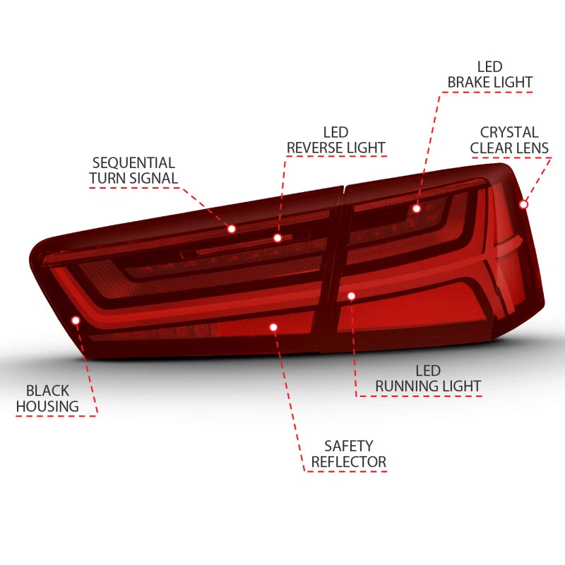 Luz trasera LED ANZO para Audi A6 2012-2018 carcasa negra lente roja/transparente 4 piezas Foto 2 de 4