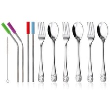 Toddler Utensil Set-3 Spoons/Forks, 4 metal straws With Silicone Tips, 1 Brush