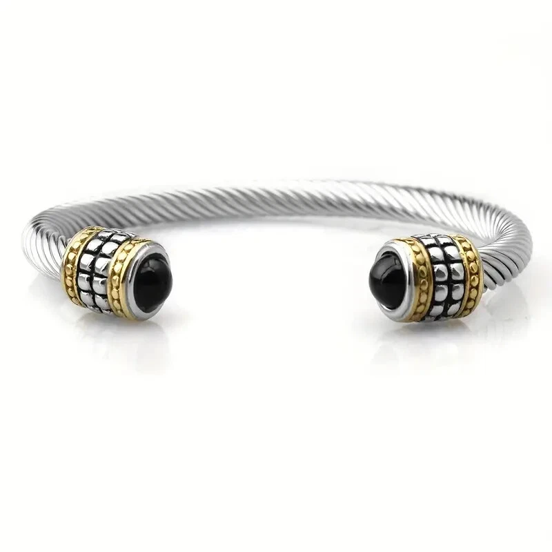 Nuevo brazalete de circón de acero inoxidable bicolor de ónix negro para mujer - Envío gratuito Foto 2 de 4