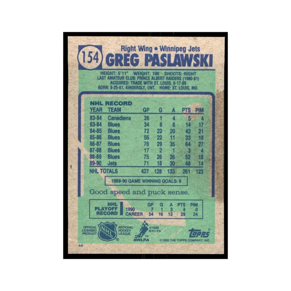 1990 Topps Greg Paslawski Hockey Cards #154 - Image 2 of 3