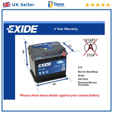 Car Battery EB500 Exide 012 450A 50Ah 4Yr Warranty 207x175x190 Excell