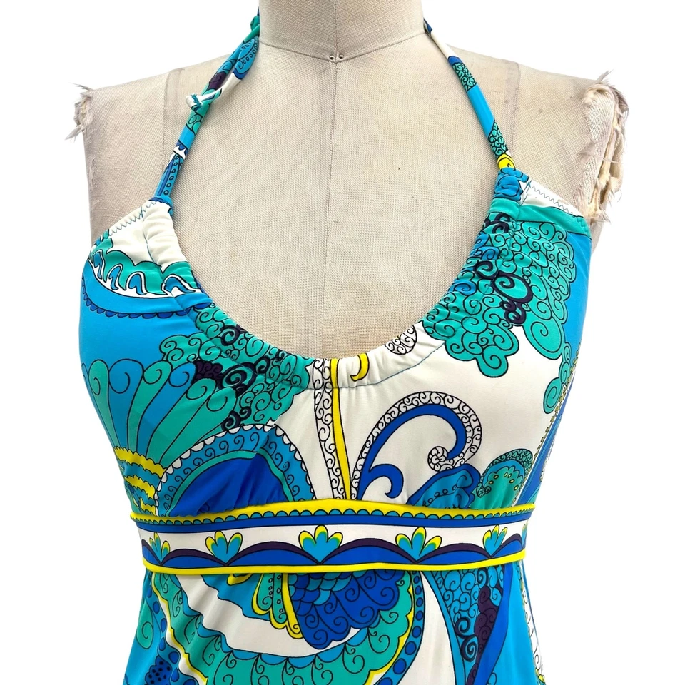 Camiseta Tankini Trina Turk Ipanema Estampado Geométrico Halter Natación Blanco Azul Talla US 6 Foto 3 de 4