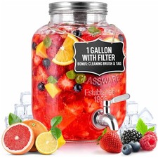 1 Gallon Glass Drink Dispenser with Spout  Filter   Lemonade, Iced Tea, Juice