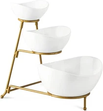 Gomakren 3 Tiered Oval Serving Bowl with Collapsible Metal Rack, Chip and Dip...