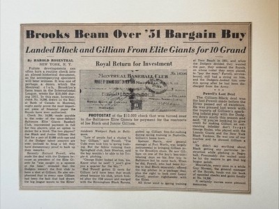 Joe Black Jim Gilliam Contract Check Dodgers 1953 Sporting News Baseball 6X8