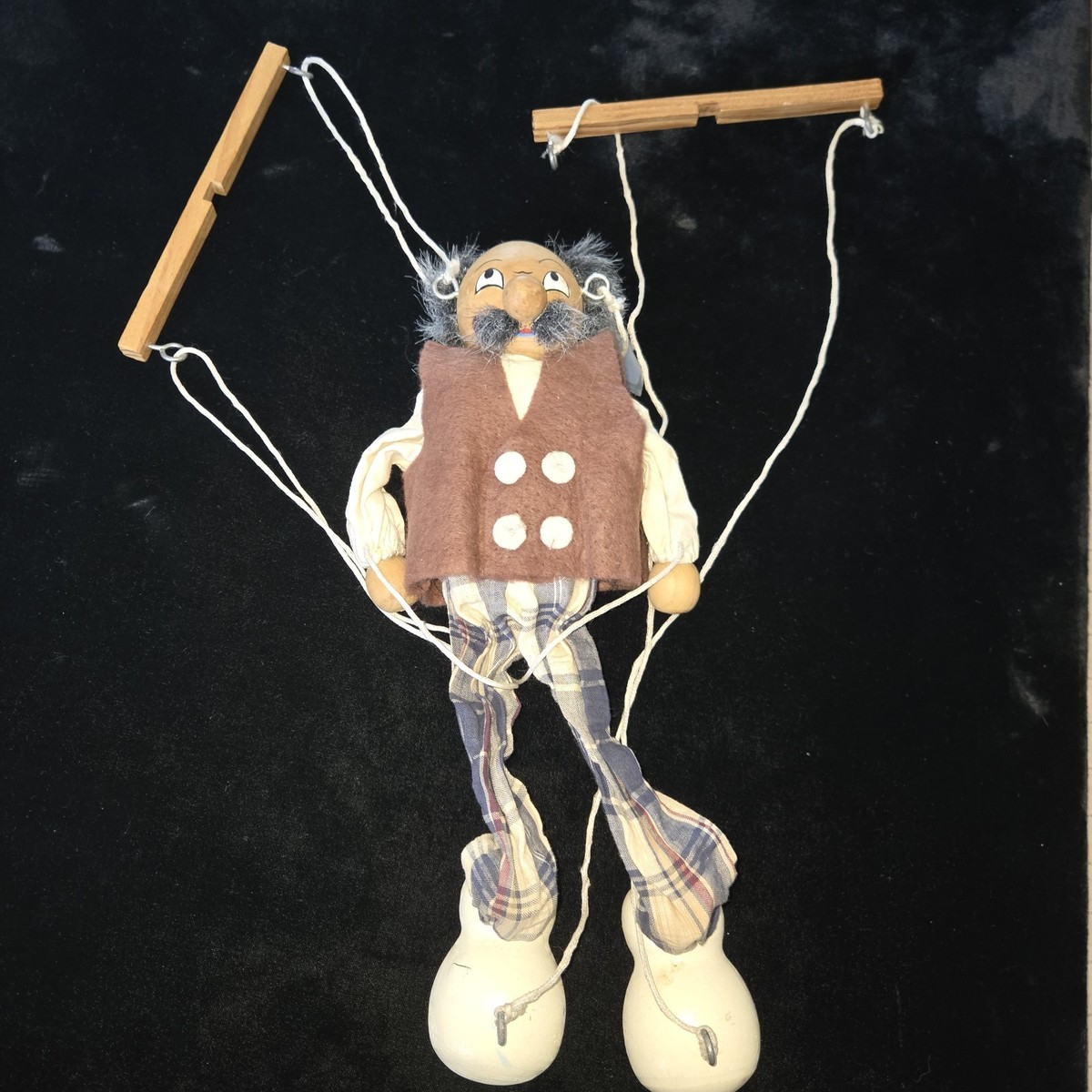 Vintage Wooden Marionette Puppet Strings 12in old man gray hair | eBay