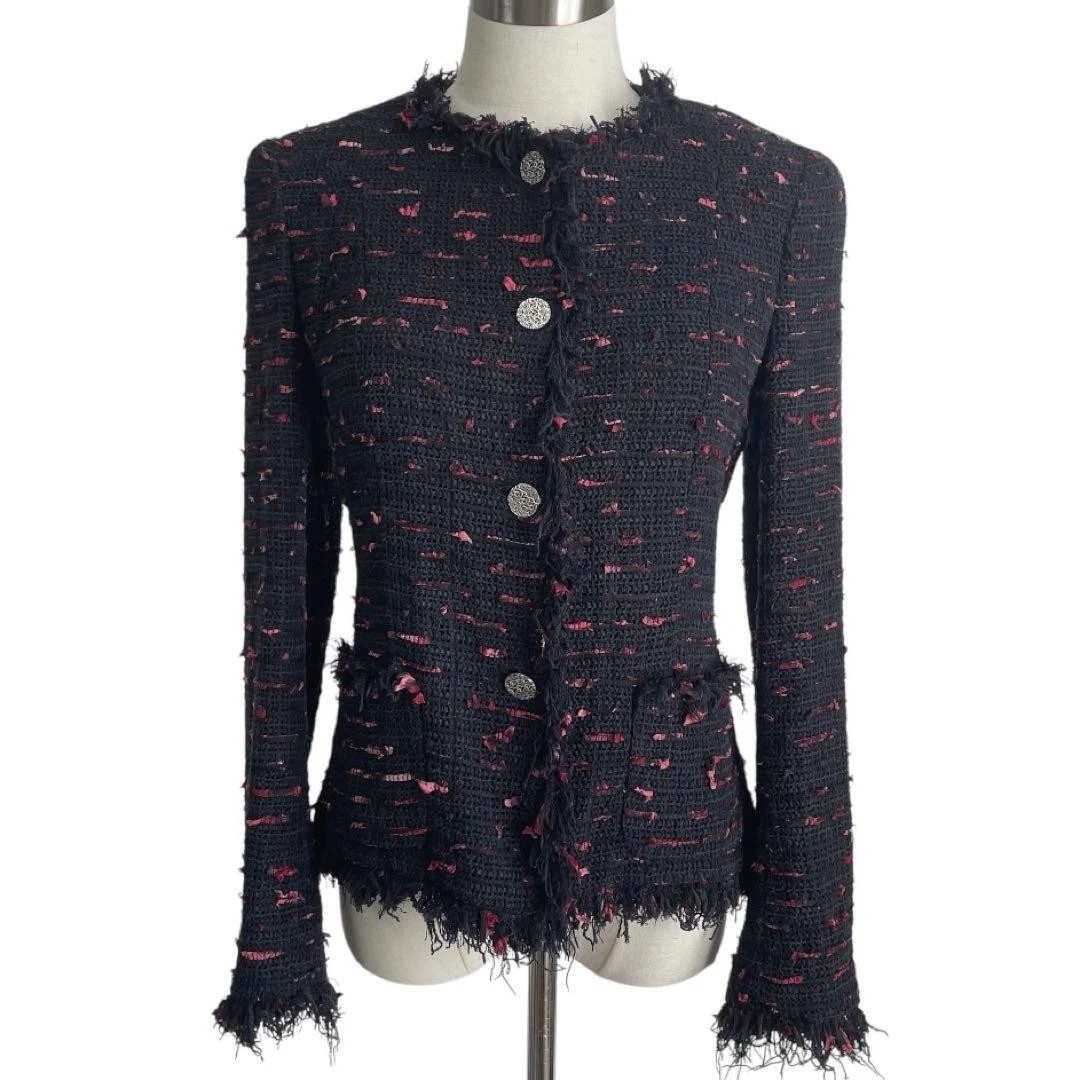 Giacca Chanel tweed frange nero rosso 04P