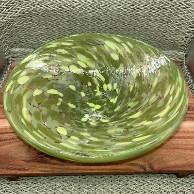 Julia Knight Oval Art glass Bowl Speckled Green & Silver Flecks Handblown Italy