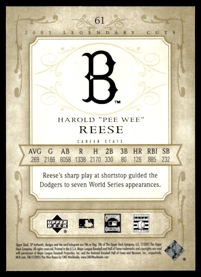 2005 SP Legendary Cuts Pee Wee Reese Brooklyn Dodgers #61 - Image 2 of 2