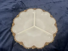 Vintage Anchor Hocking Fire King Milk Glass Divided Relish Tray, Gold Trim