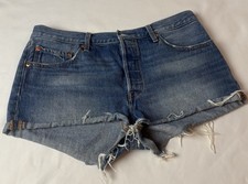 Levi s 501 Distressed Cut Off Denim Shorts Covered Button Fly Sz 32 Women s