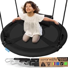 SereneLife 40in Saucer Swing w/ Hang Kit, Handles & Pillow Indoor/Outdoor -Black