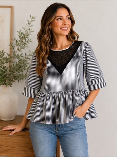 Manoush Paris Navy White Striped Beaded Peplum Top Blouse FR 38 US 6 Cotton