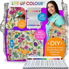 Life of Colour Doodle Bag with Wildflower Patterns DIY Color Your Own Tote Bag