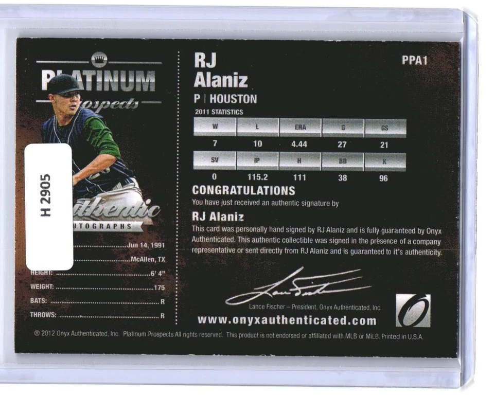 2012 RJ Alaniz Onyx Platinum Prospects Silver Ink Auto RC #PPA1 (H2905) - Image 2 of 2