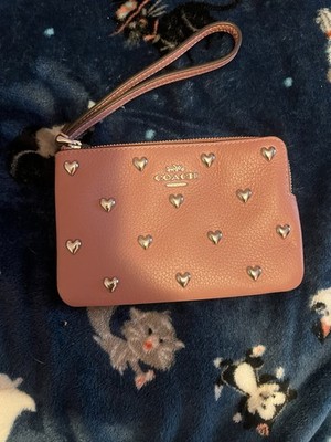 Coach Pink Heart Stud Leather Wristlet Zip Designer Accent for Women