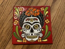 Earthtones Day of the Dead hand-glazed decorative art tile, 6x6 Vtg 2012