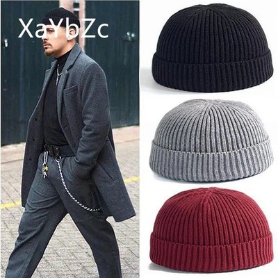 Herren Mini Kurz Fischer Beanie Mütze Winter Warm Strick Gerippt Docker Totenkopf Mütze