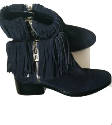 Phillip Lim Boots Alexa Midnight Blue Sz 8 Womens Suede Fringed Ankle Zip