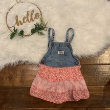 OshKosh Bgosh Dress Overalls Red White Floral Layered Skirt Denim Size 2T