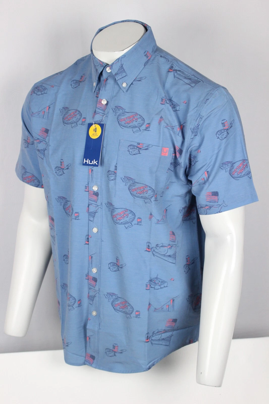 Huk Fishing Men's Shirt Americookin Kona Short Sleeve Button Blue UPF 30+