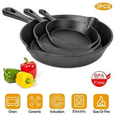 3 Piece Cast Iron Skillet Set Pre Seasoned Non-stick Oven 6/8/10" Frying Pan