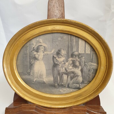 Antiker gerahmter ovaler Gravur ''Das Schloss in Gefahr'' um 1789 spielende Kinder