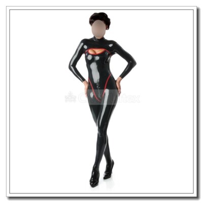 Latex Women Catsuit Unique Cleavage Red Trims Back 3-way Zip Customized B66