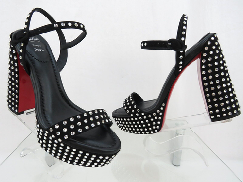 $1795 LOUBOUTIN MOVIDA JANE BLACK SUEDE CRYSTALS ANKLE PLATFORM SANDAL PUMPS 39 - Picture 6 of 14