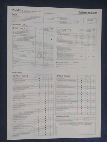 Range Rover Preisliste 1.1988 - Picture 2 of 2
