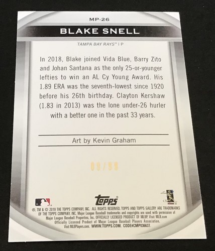 2019 Topps Baseball MP-26 Blake Snell Trading Card 09/99 - Picture 2 of 2