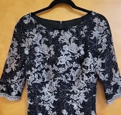 ABS by Allen Schwartz Women s Sheath Dress, Sz 8, Black Lace, Boat Neck, 3/4 Slv