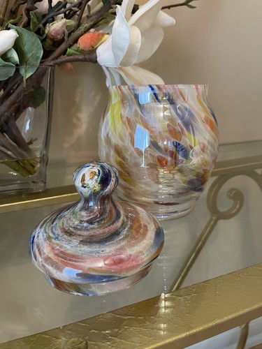 Hand Blown Murano Style Glass Multicolor Candy Dish With Lid Made In Italy 9” - Picture 7 of 15