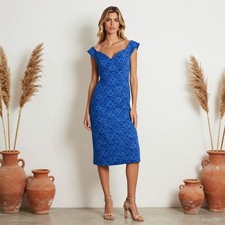 Evening Romantic Midi Dress Blue Floral Lace Pencil Sweetheart Cap Sleeve US 10