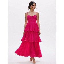 Lulus Hot Pink Magenta Tiered Pleated Midi Dress Small