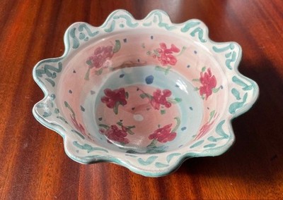 Signed 6'' ruffled bowl, maybe Susan Leader, VT, handcrafted stoneware, est l990s