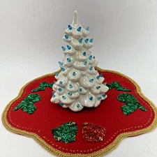 Vintage White Iridescent Ceramic Christmas Tree Blue Bulbs 10.5"  Handcrafted