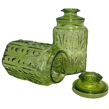 VTG LE Smith Imperial Atterbury Scroll Green Glass Canisters Set/2  A+ 9.5 in H 