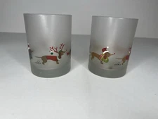 Culver Christmas Weiner Dogs Frosted Double Old Fashioned Lowball Glass SET 2